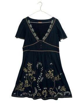 Voile Floral Embroidered Black Boho Mini Fit Flare Dress Size Medium